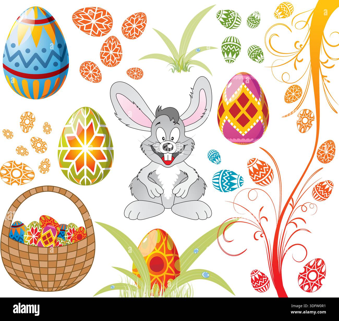 Easter set with ornament eggs, rabbit, crib, grass, element for design, vector illustration Stock Vector