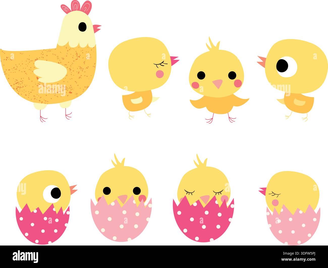 Cute vector yellow chicks and a hen in flat style for Easter designs Stock Vector
