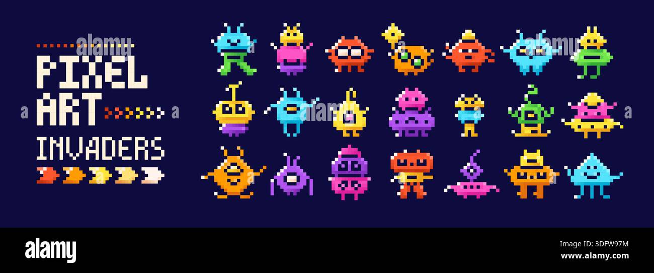 Pixel art color characters invaders. 8-bit game images of monsters. Set ...