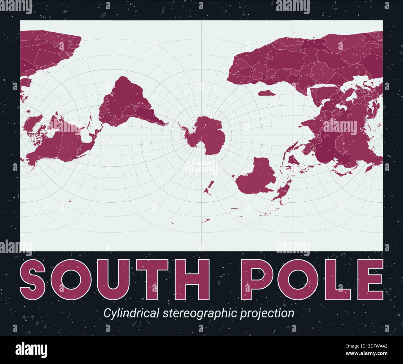 A world map using a cylindrical stereographic projection, centered on the South Pole. Stock Vector