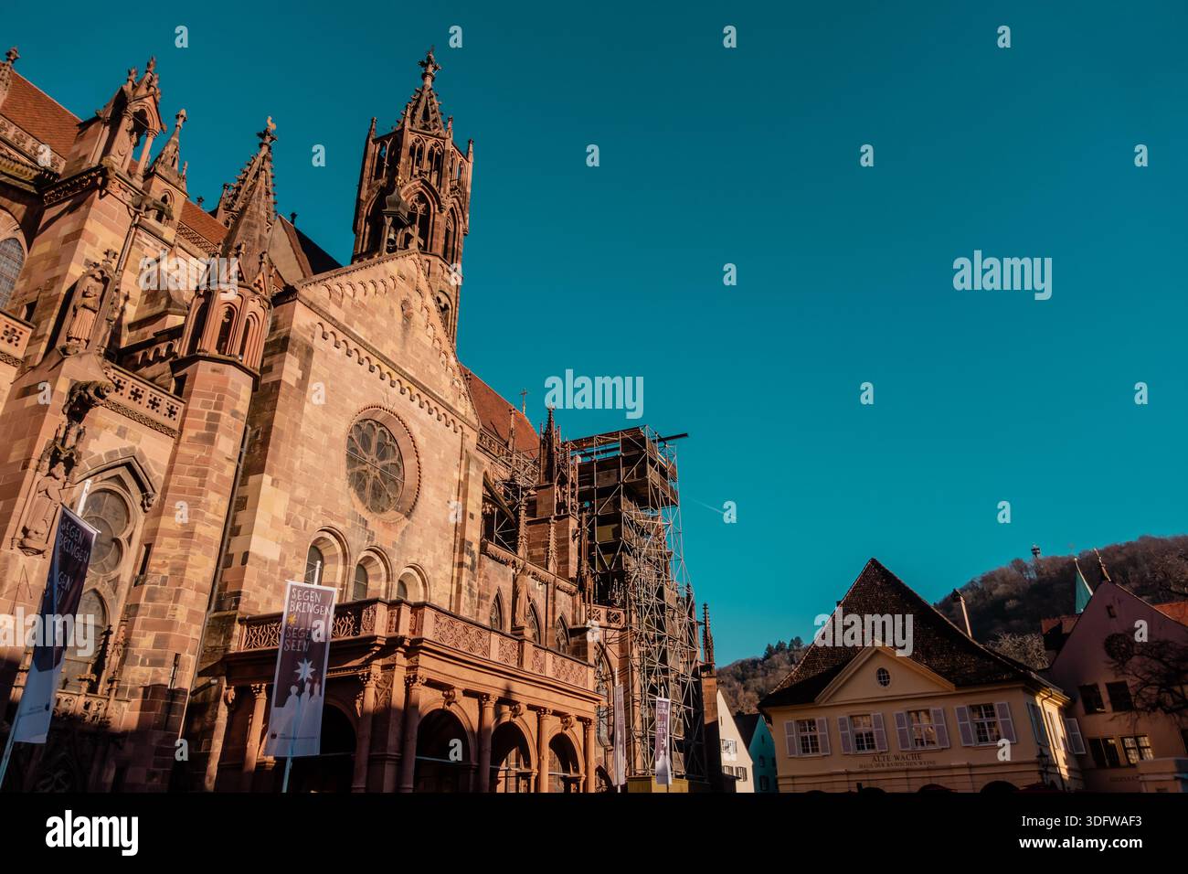 Low-angle view of Freiburg Cathedral (Muenster - Minster) in Freiburg, Germany - Stock Image