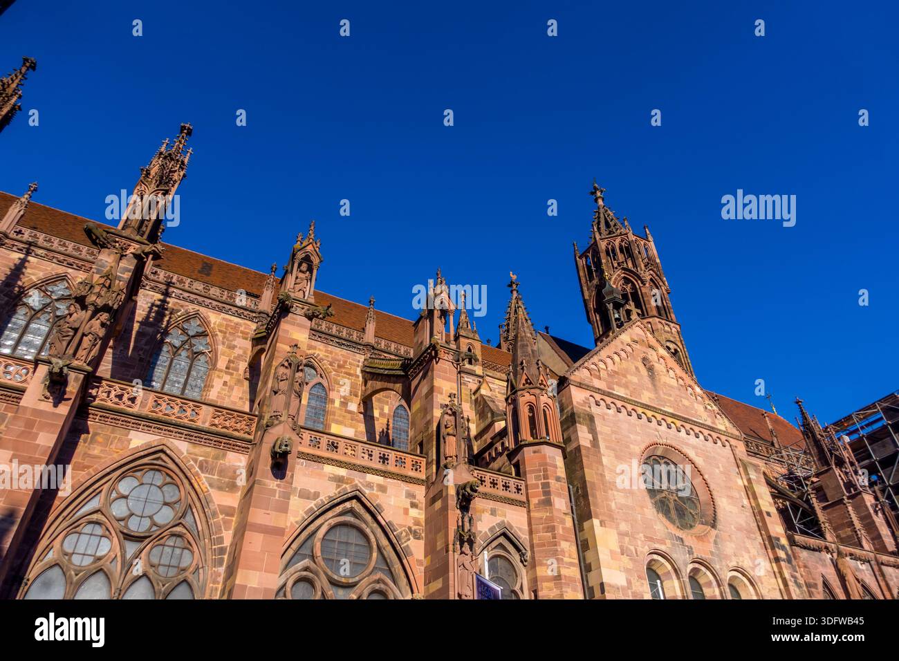 Low-angle view of Freiburg Cathedral (Muenster - Minster) in Freiburg, Germany - Stock Image