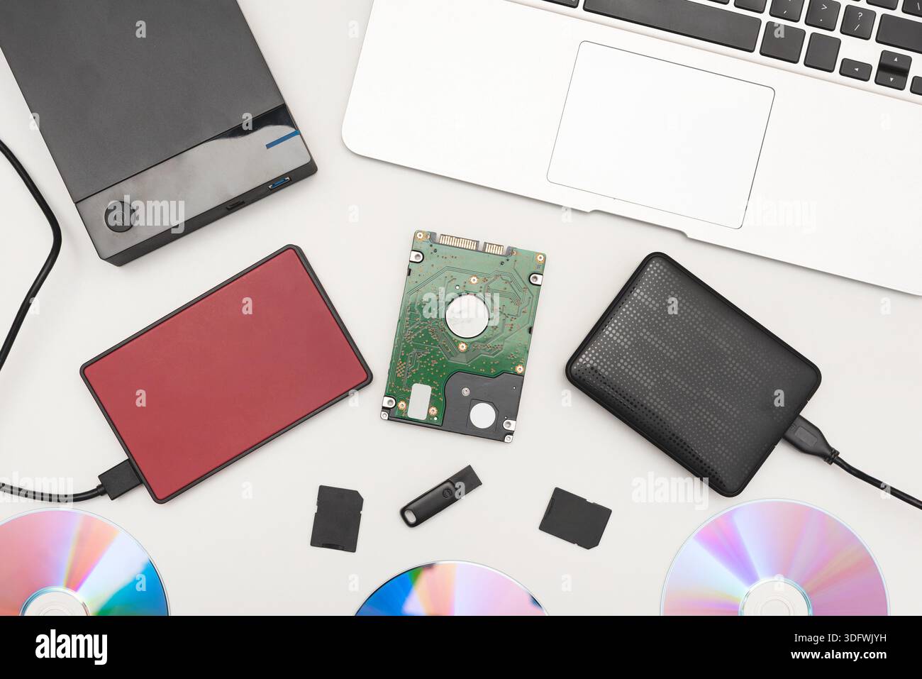 Multiple storage devices, pendrive, memory cards. Backup data Stock Photo