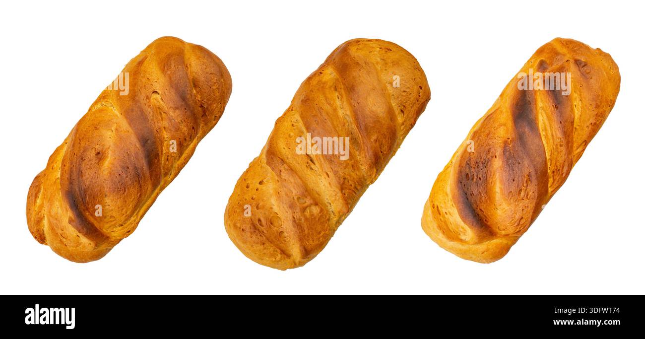 Three loafs of bread rectangular shaped, arranged on an angle isolated on white  culinary banner Stock Photo