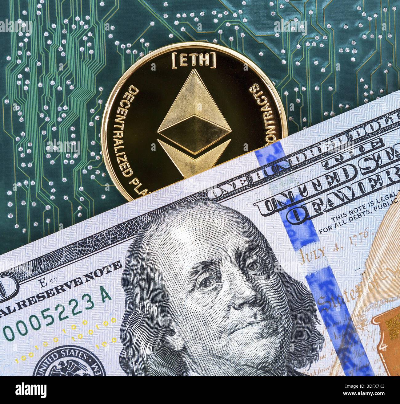 Digital cryptocurrency Ethereum, electronic computer component and american  dollars. Business concept of virtual money Stock Photo - Alamy
