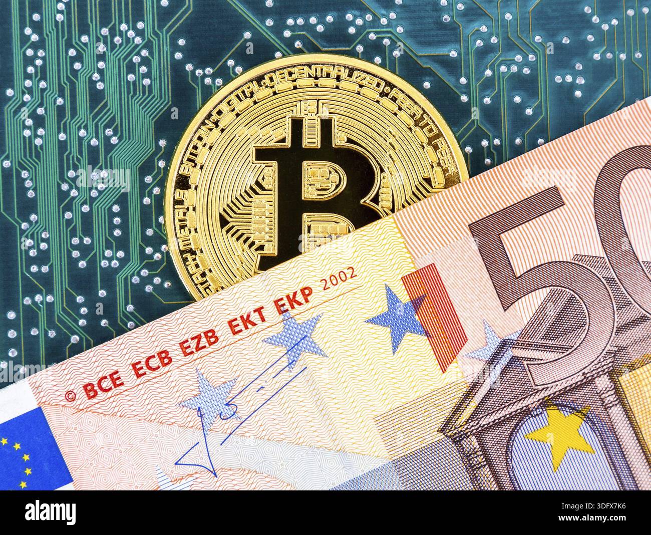 Digital cryptocurrency gold bitcoin, electronic computer component and euro  banknotes. Business concept of new digital money Stock Photo - Alamy