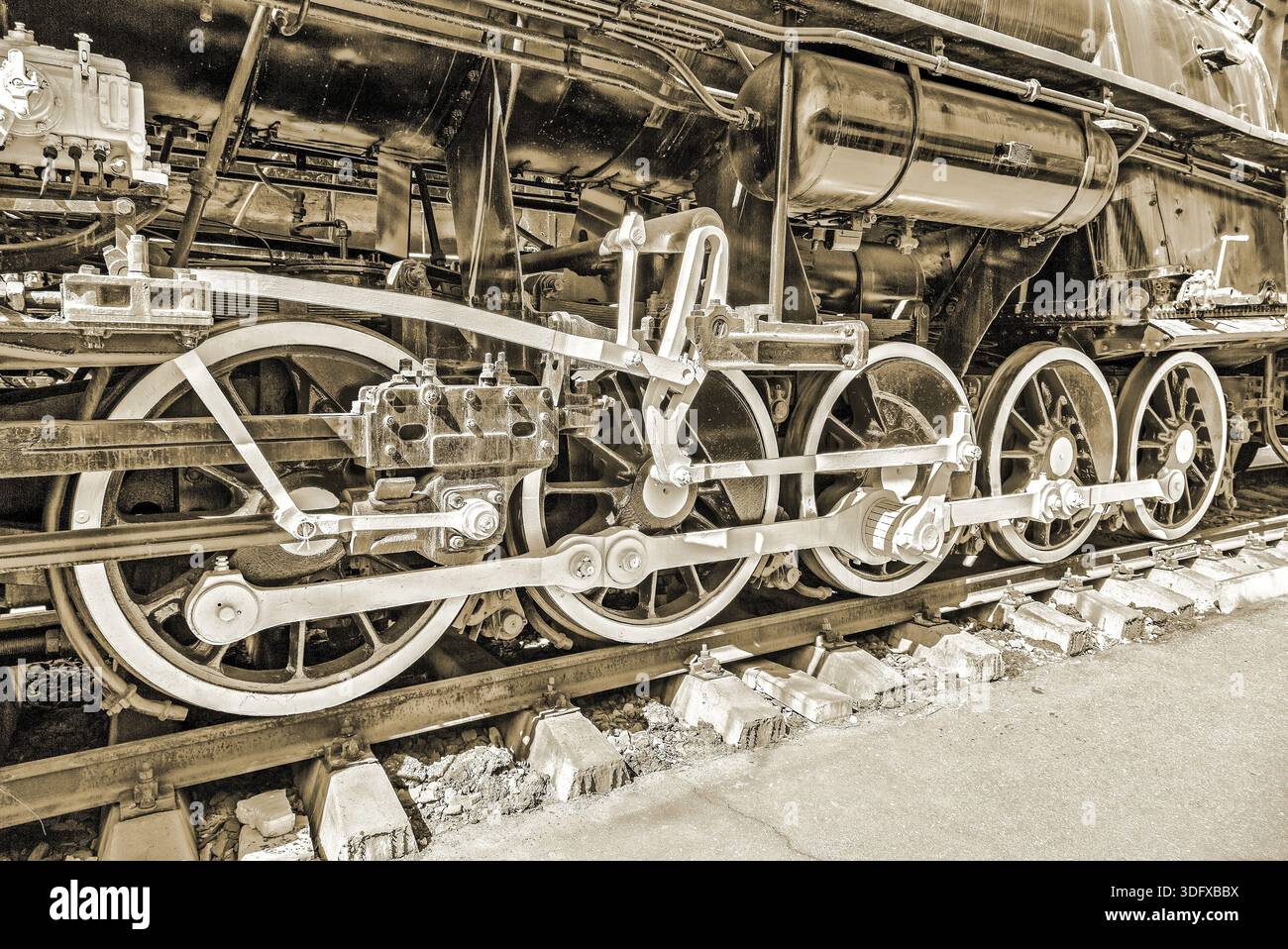 Vintage steam locomotive engine wheels and rods details Stock Photo - Alamy