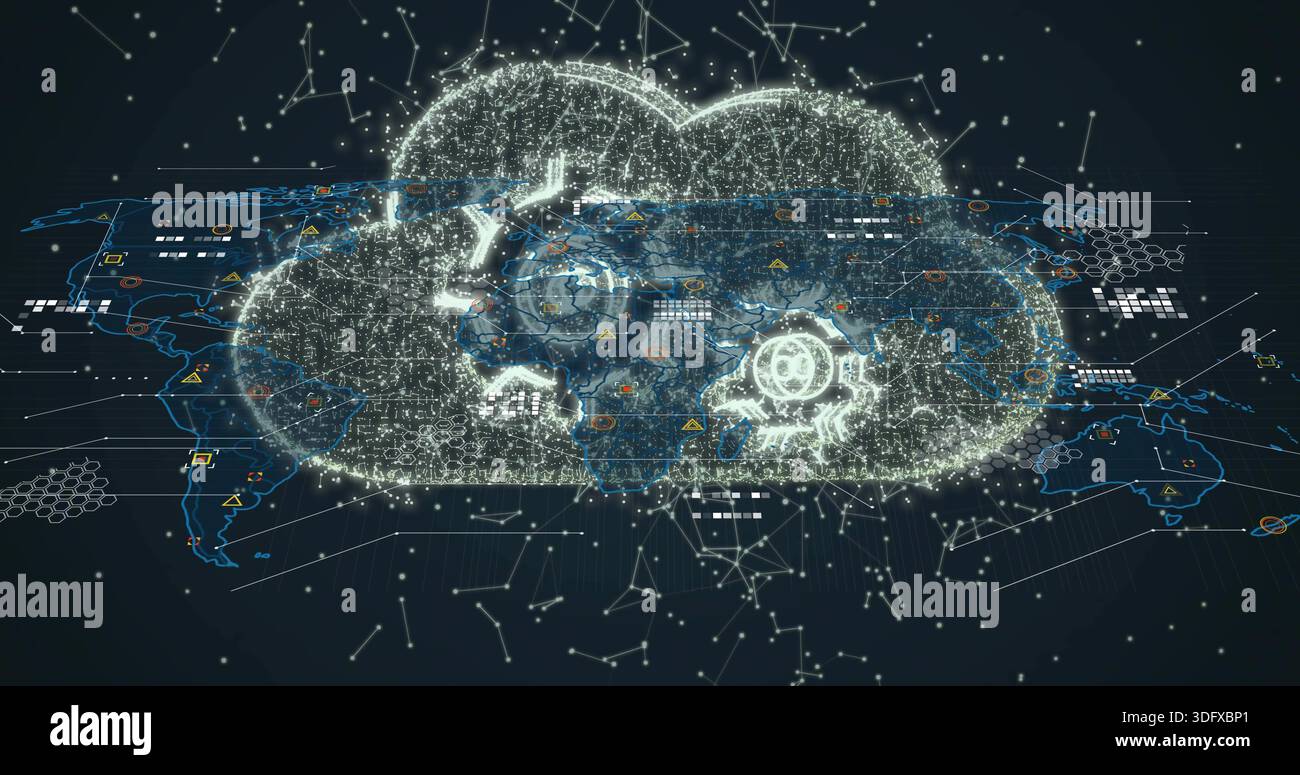 Floating luminous digital cloud hologram hovering above virtual 3D map, displaying security icons Stock Photo