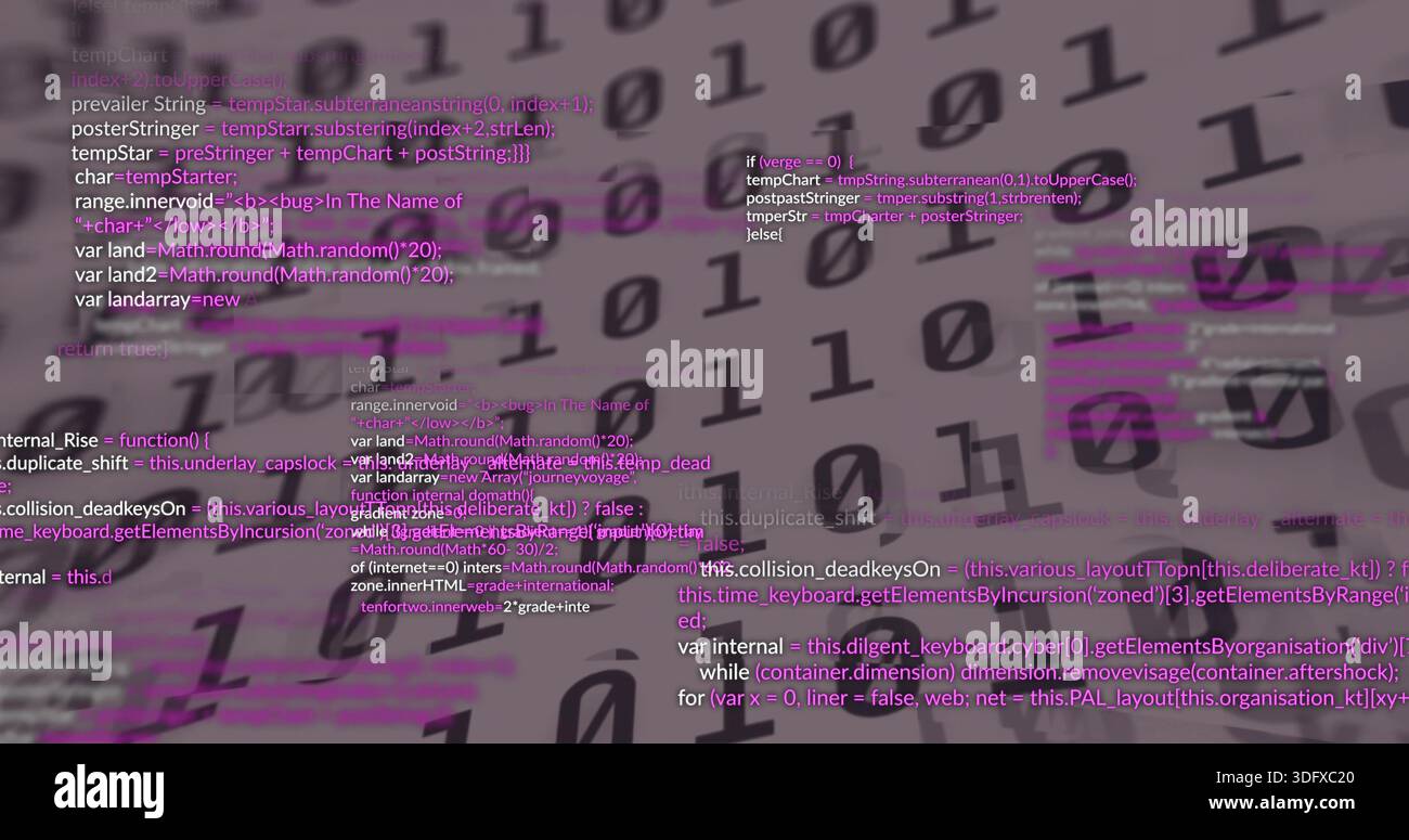 Displaying binary digits and code snippets in digital graphic with magenta white text layers Stock Photo