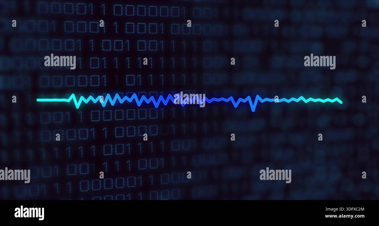 Displaying neon waveform trace running across center in dark navy grid with binary digits Stock Photo