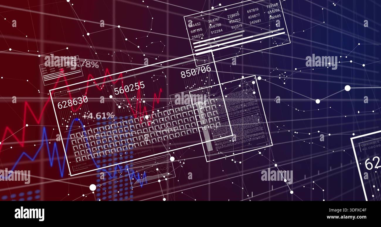 Displaying central clear keyboard panel floating in 3D analytics dashboard with numeric readouts Stock Photo