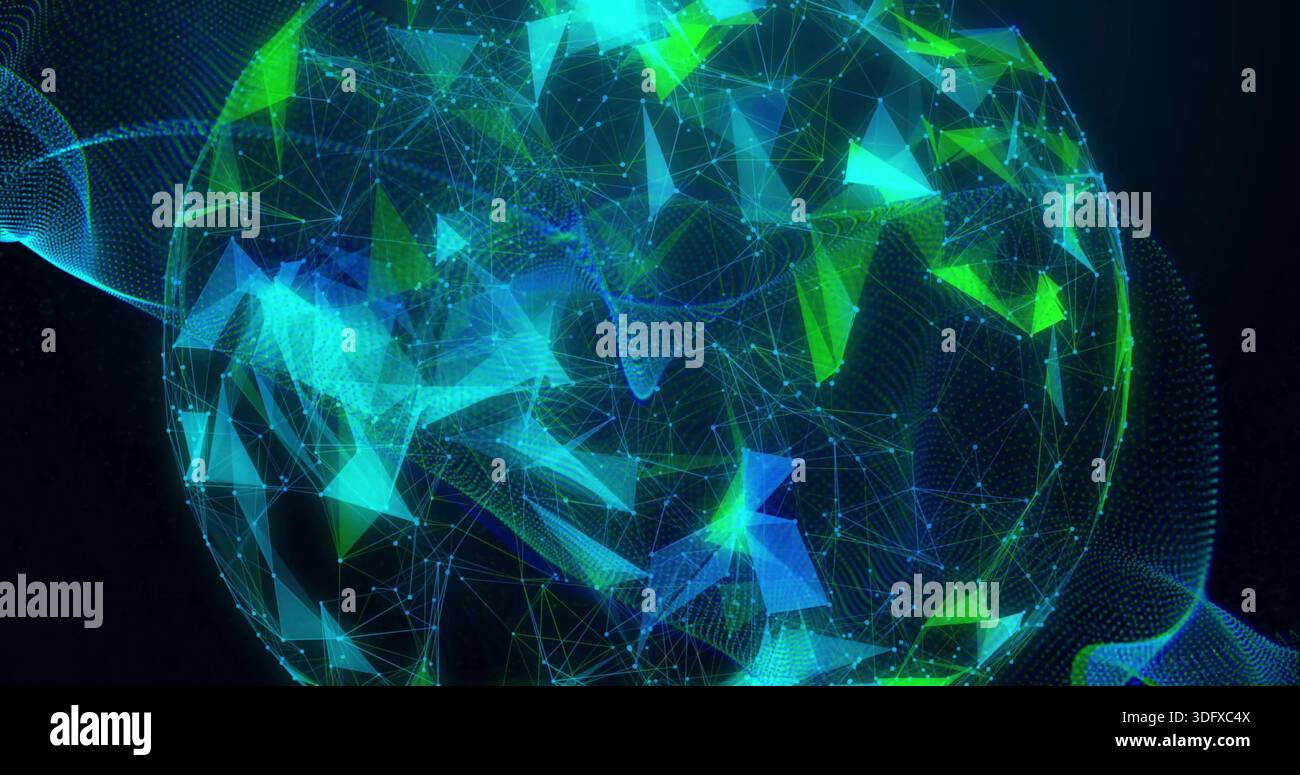 Rotating 3D mesh globe pulsing with neon nodes and flowing dotted ribbons in virtual space Stock Photo