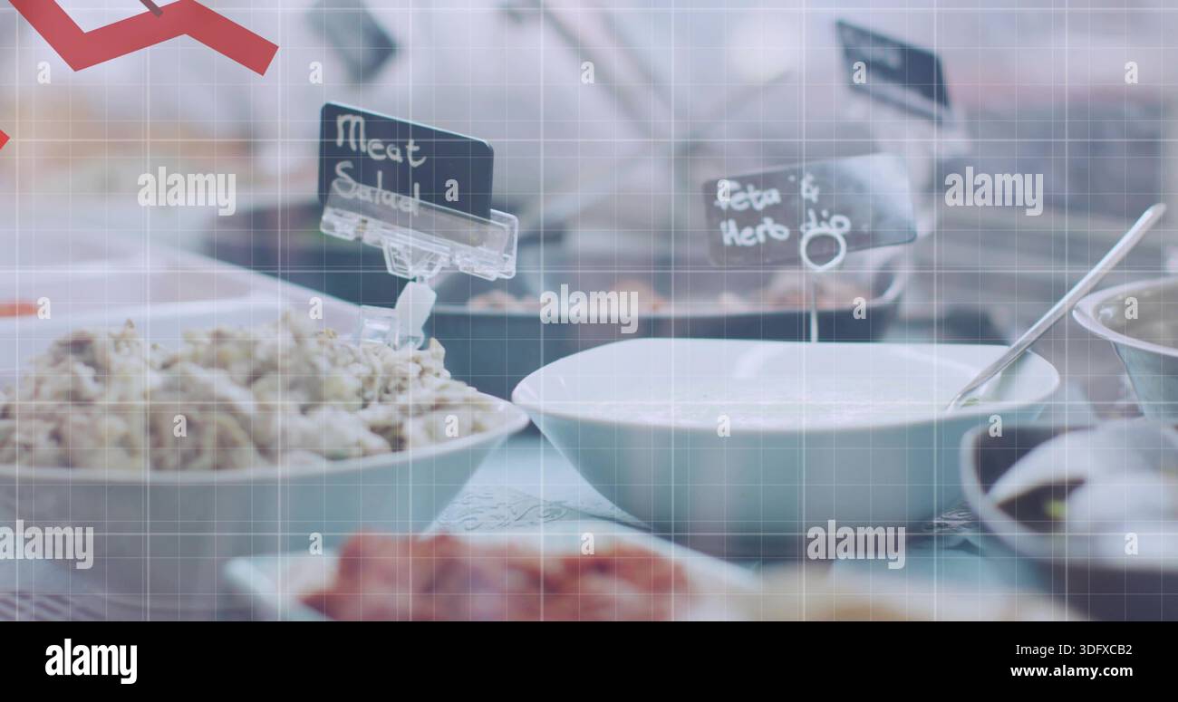 Showing central white bowl with creamy sauce on buffet table, metal spoon, label clip Meat Salad Stock Photo