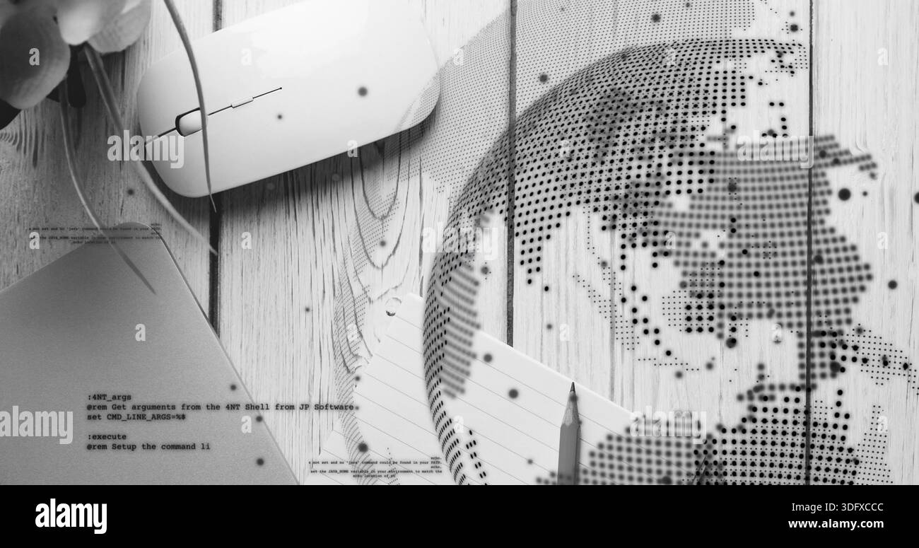 Displaying dotted globe overlaying right desk with mouse, laptop, notepad, pencil, code, copy space Stock Photo