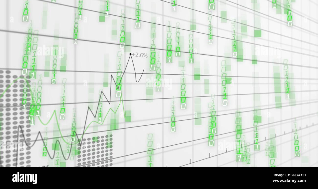 Showing data dashboard on receding gray grid, featuring falling green binary digits and +2 Stock Photo