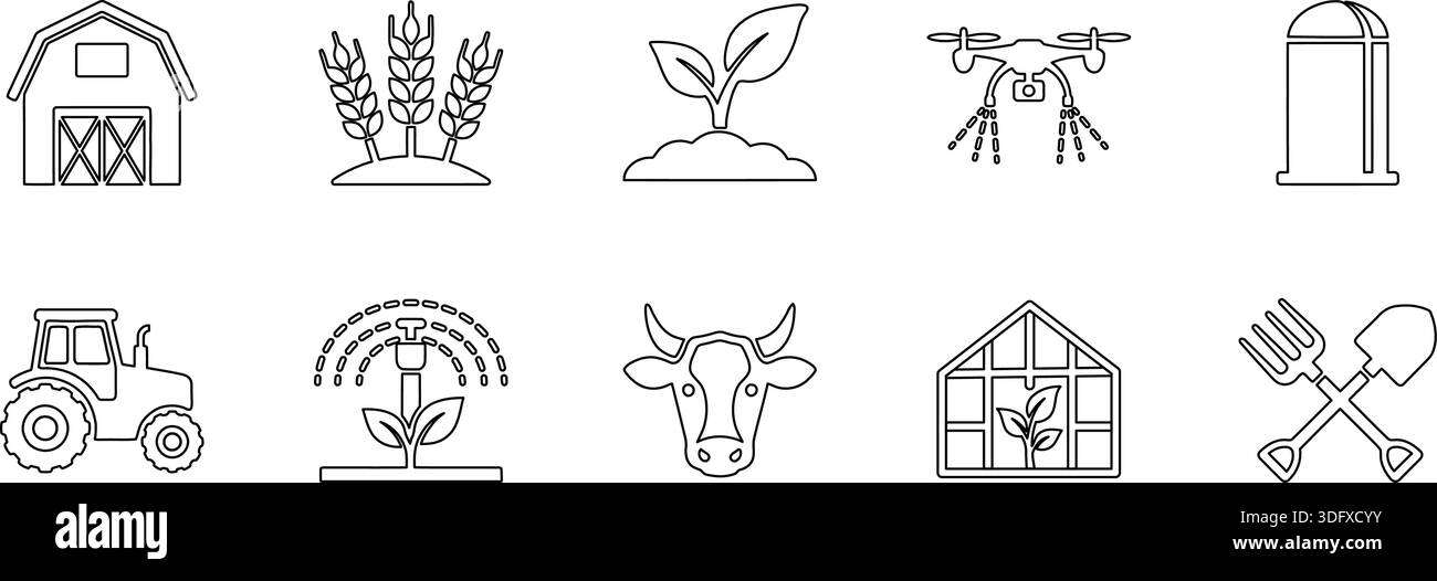 Minimalist line art icons depicting agriculture and smart farming ...