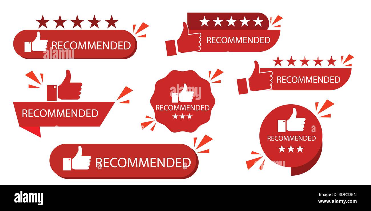Recommended badges with thumbs up icons and star ratings Stock Vector ...