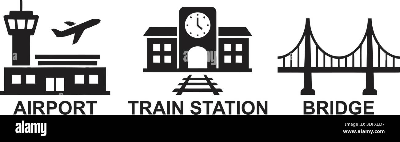Illustrations representing transportation hubs: an airport, train station, and a bridge. Stock Vector