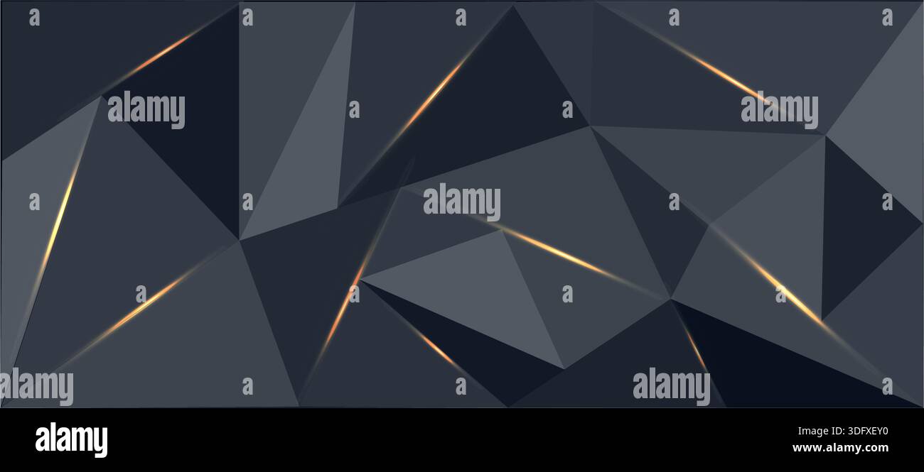 Dark geometric pattern with triangular shapes in gray and black tones featuring thin golden light line Stock Vector