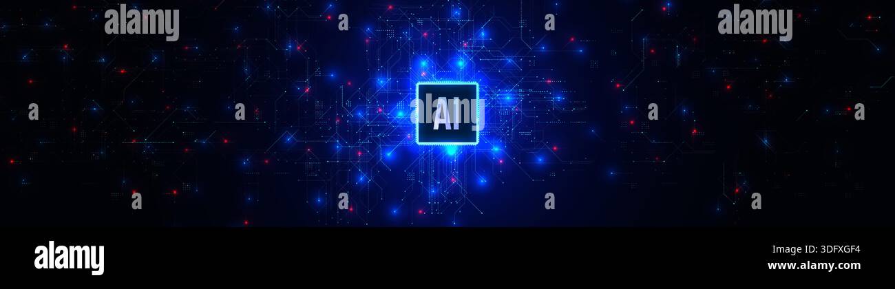 Cyber security AI background glowing digital circuit artificial intelligence brain network, data protection, hacker attack prevention, blue tech Stock Vector