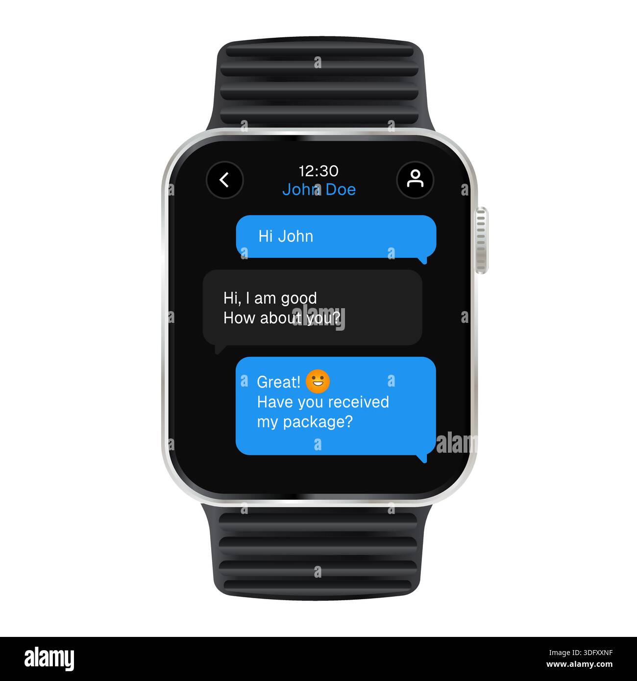 realistic smartwatch vector illustration dark mode text messaging app interface speech bubbles user interface design and mobile communication Stock Vector