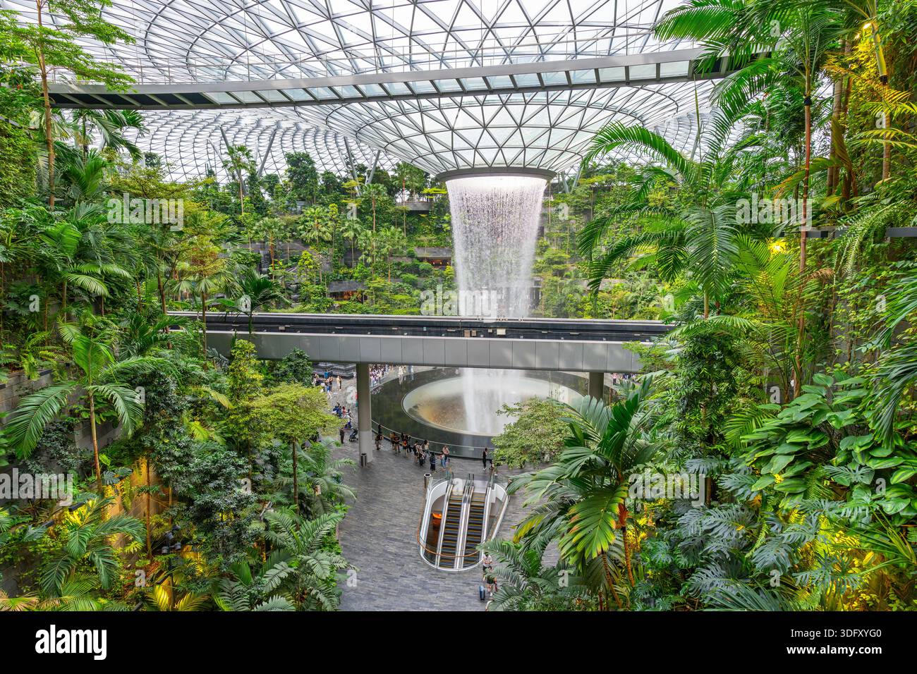 Forest Valley with Rain Vortex, world's tallest indoor waterfall at Jewel Changi Airport in the city-state Singapore, Southeast Asia Stock Photo