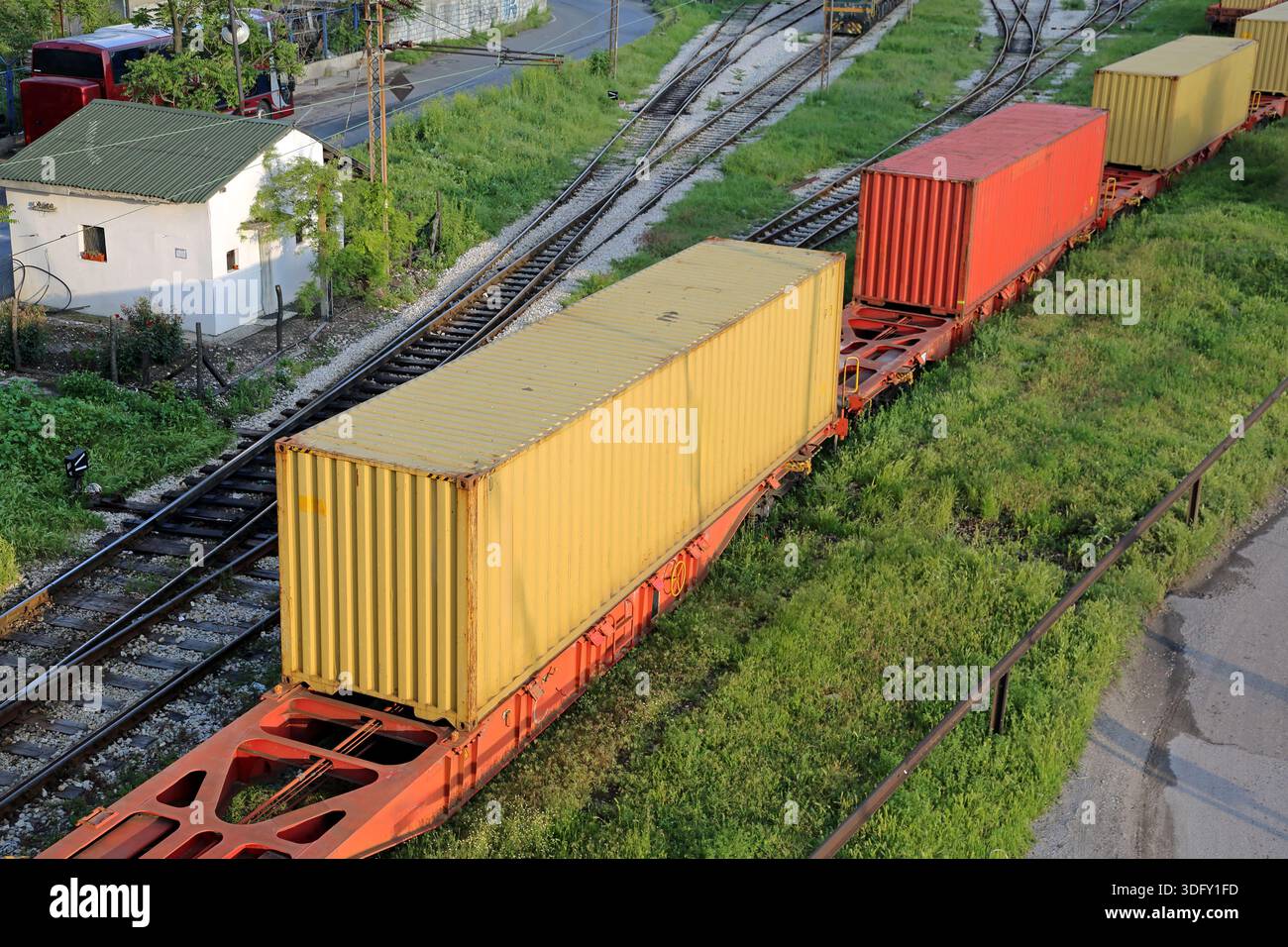 Aerial View of Yellow Intermodal Container at Cargo Train Freight Yard ...