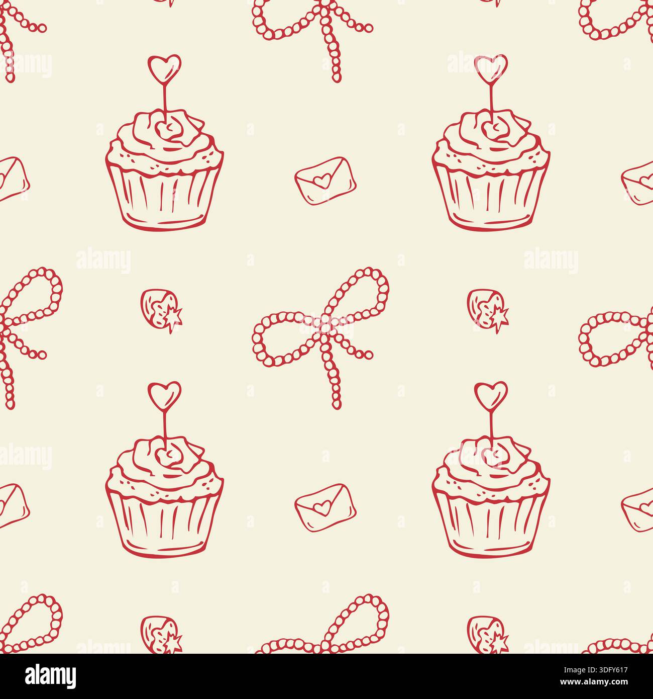 Seamless pattern with romantic doodle drawings in line art. Valentine s Day outline illustration Stock Vector