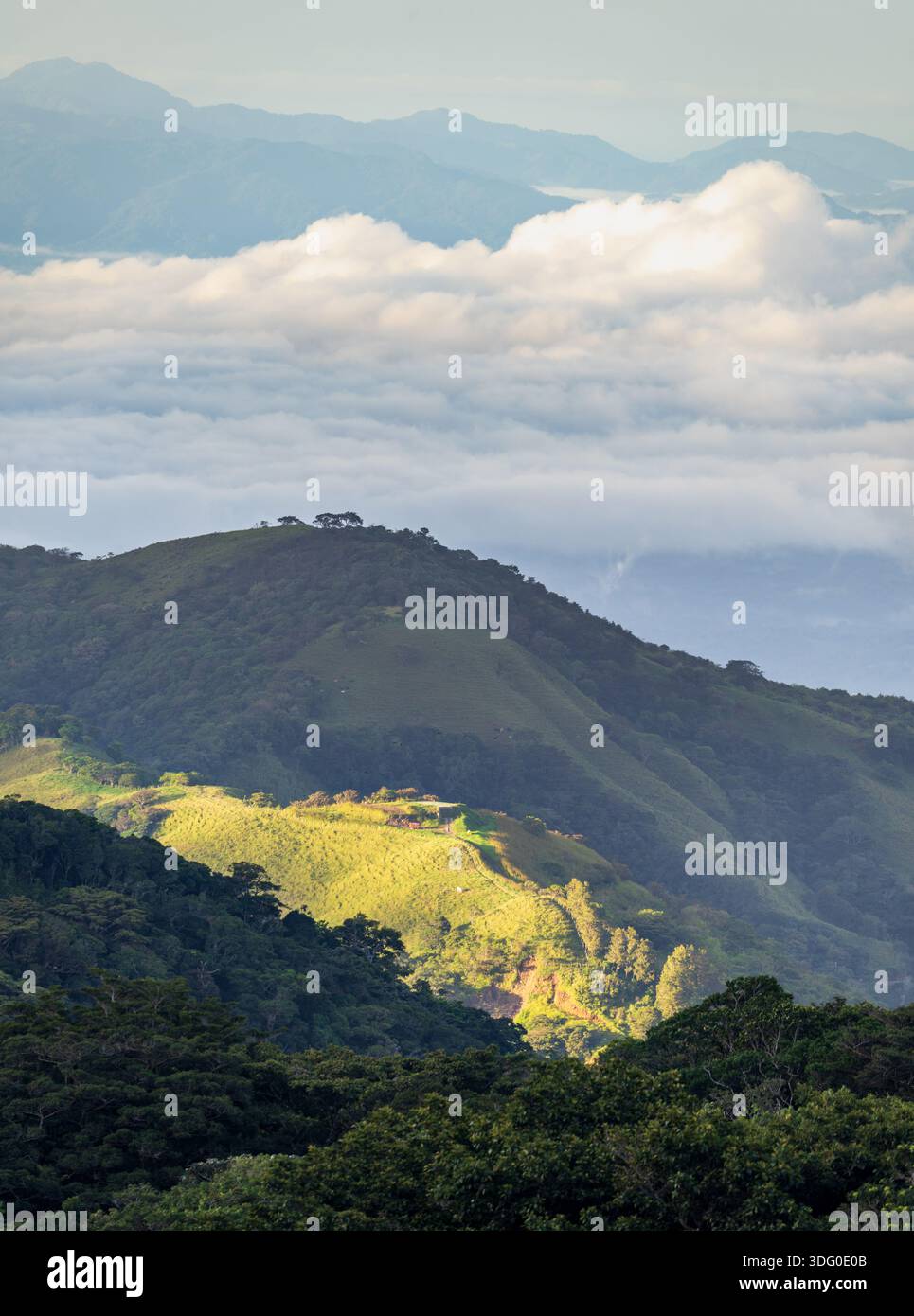 View west from Monteverde resort at sunrise over the hills towards Pacific ocean in vertical format Stock Photo