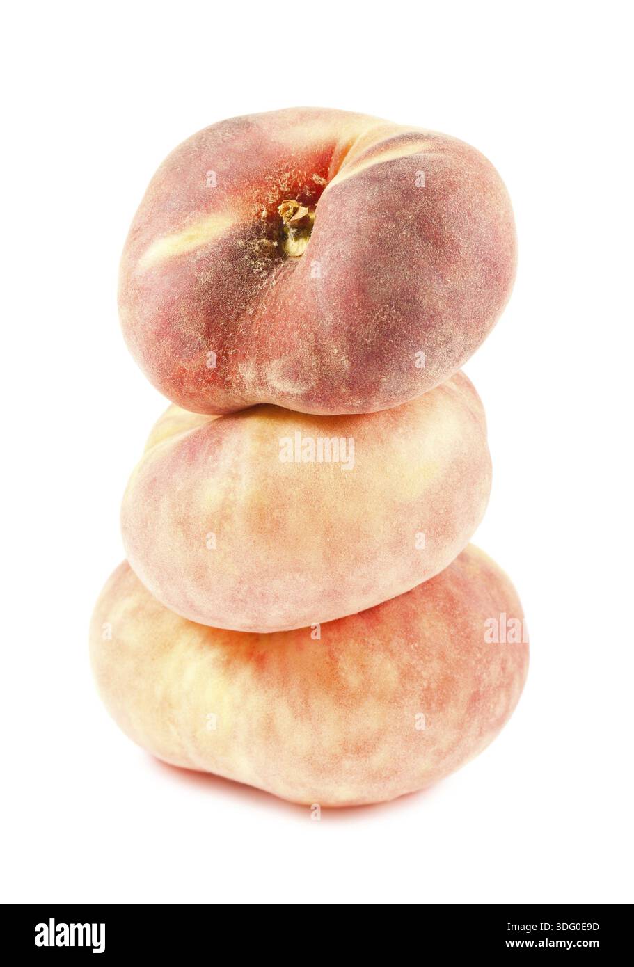 Three chinese flat peaches isolated on white background Stock Photo