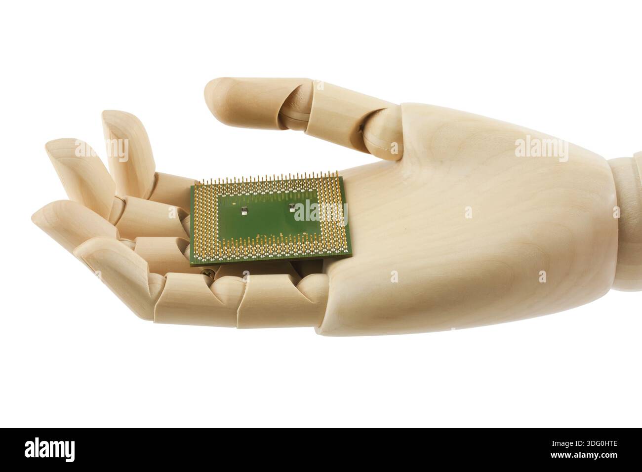 Wooden hand holding a processor, isolated on white background Stock Photo