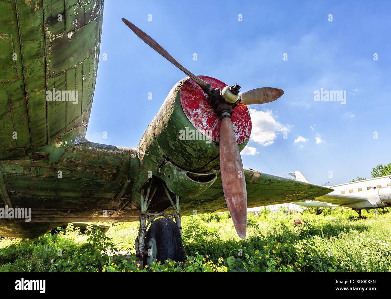 Turbine of an old russian turboprop aircraft at the abandoned aerodrome ...