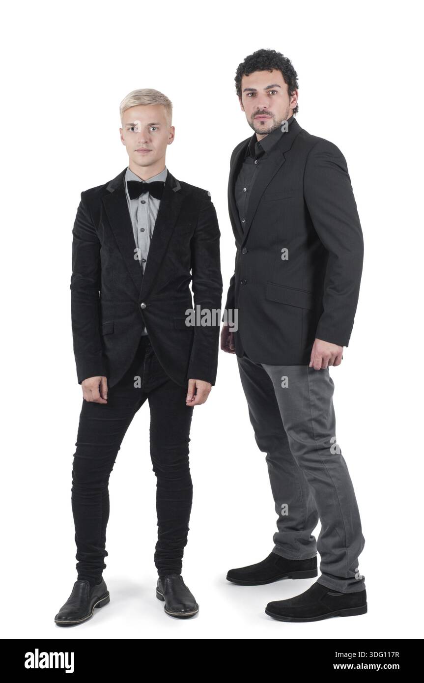 Two young men in jackets isolated on white Stock Photo