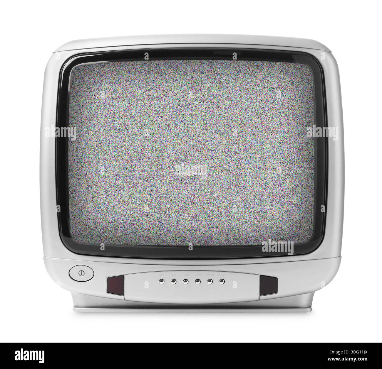 Old TV with static noise pattern on screen. White background Stock Photo