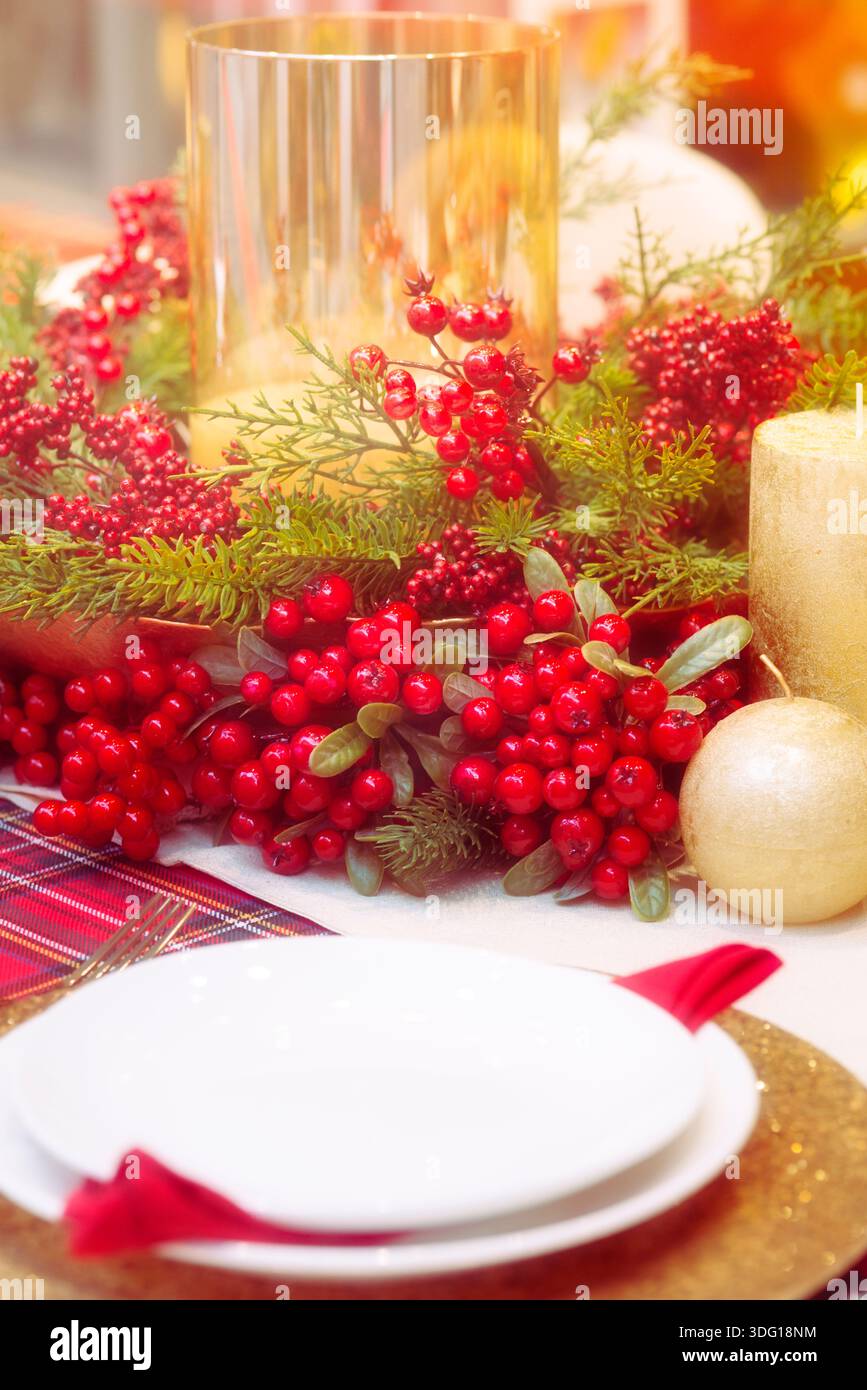 Christmas Table Setting at Home Stock Photo