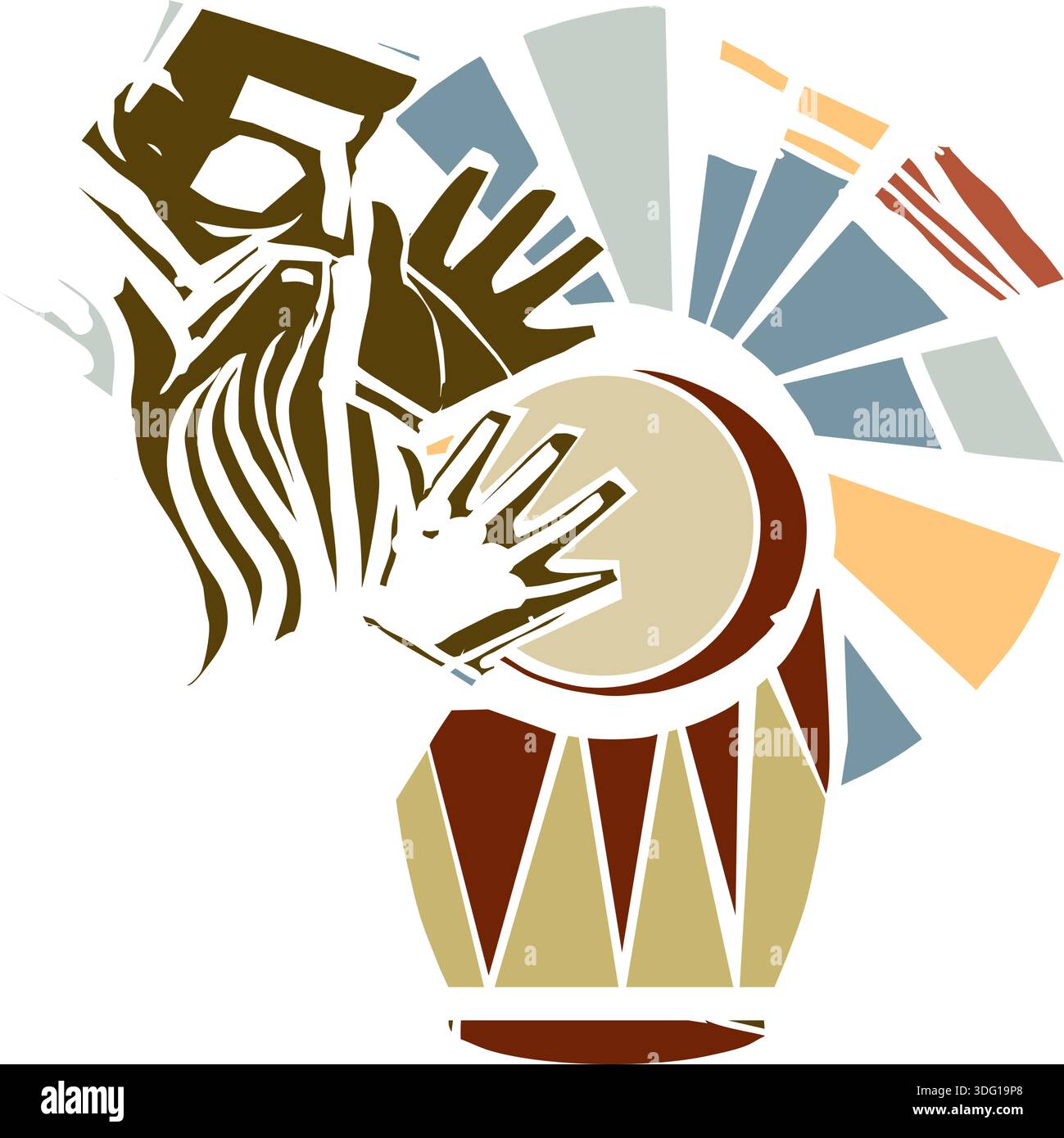 Woodcut expressionist style man playing the drums. Stock Vector