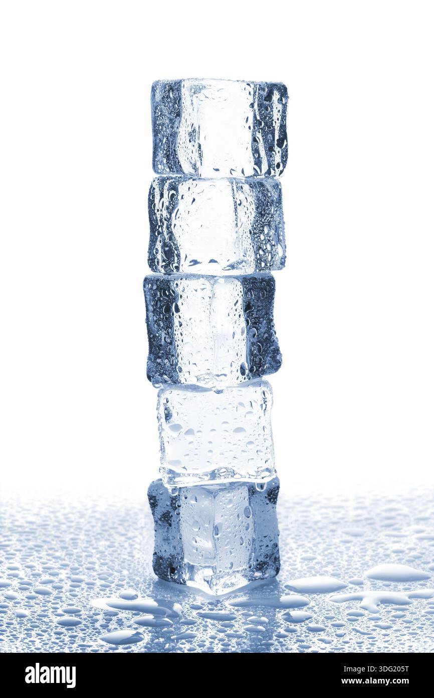 Stack of five ice cubes isolated on white background Stock Photo
