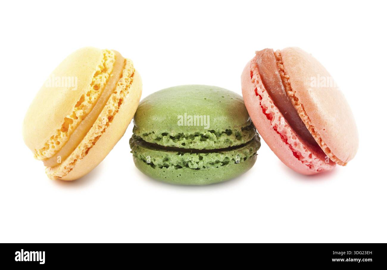 Three french macaroons isolated on white background Stock Photo