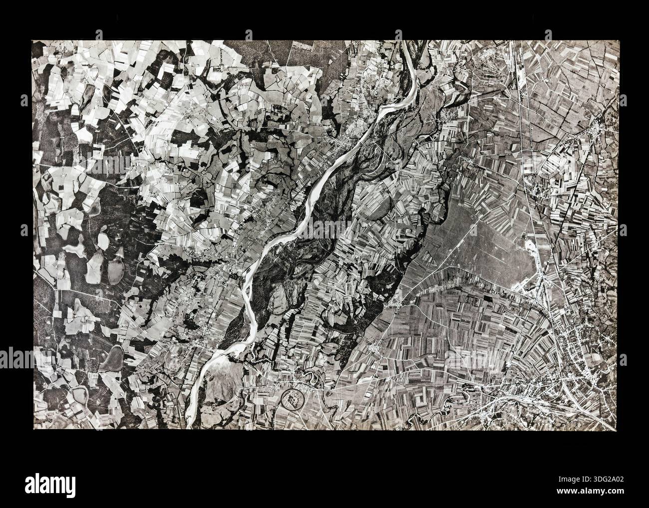 Large vintage aerial map showing patchwork fields, winding river paths ...