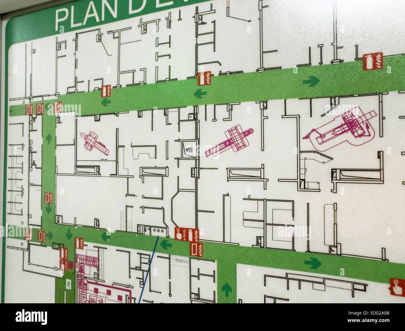Emergency Spatial Map Detailed hospital emergency map showing evacuation paths in green with ...