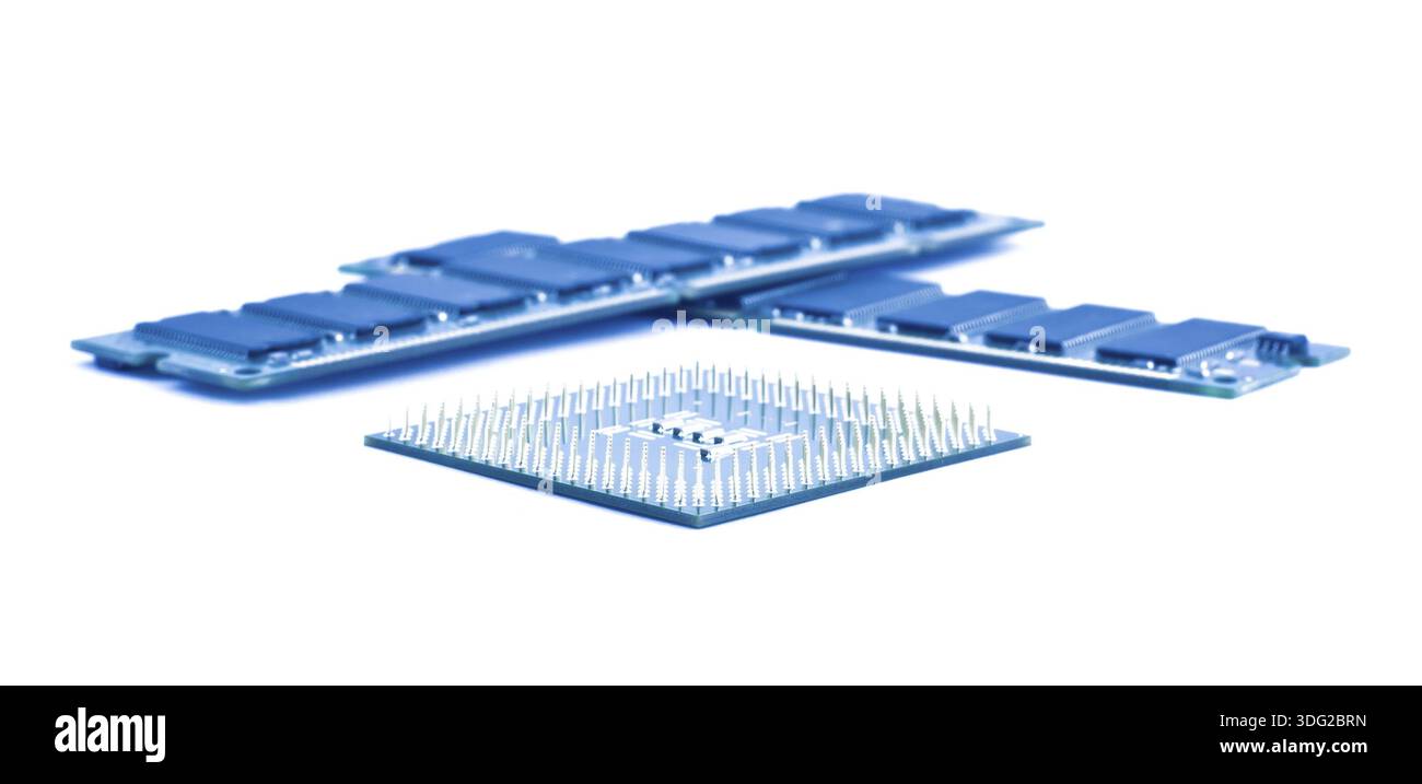 Processor and two memory modules on white background Stock Photo