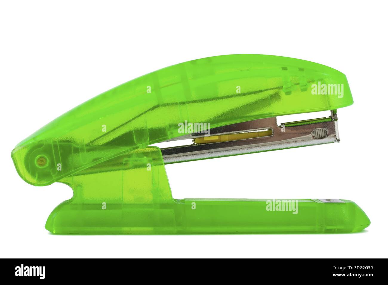 Plastic green transparent stapler isolated on white background Stock Photo