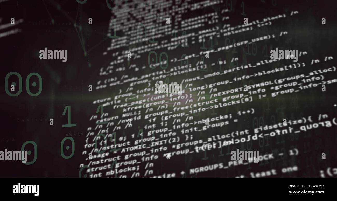 Displaying monospaced source code column at workstation, showing translucent binary digit overlays Stock Photo