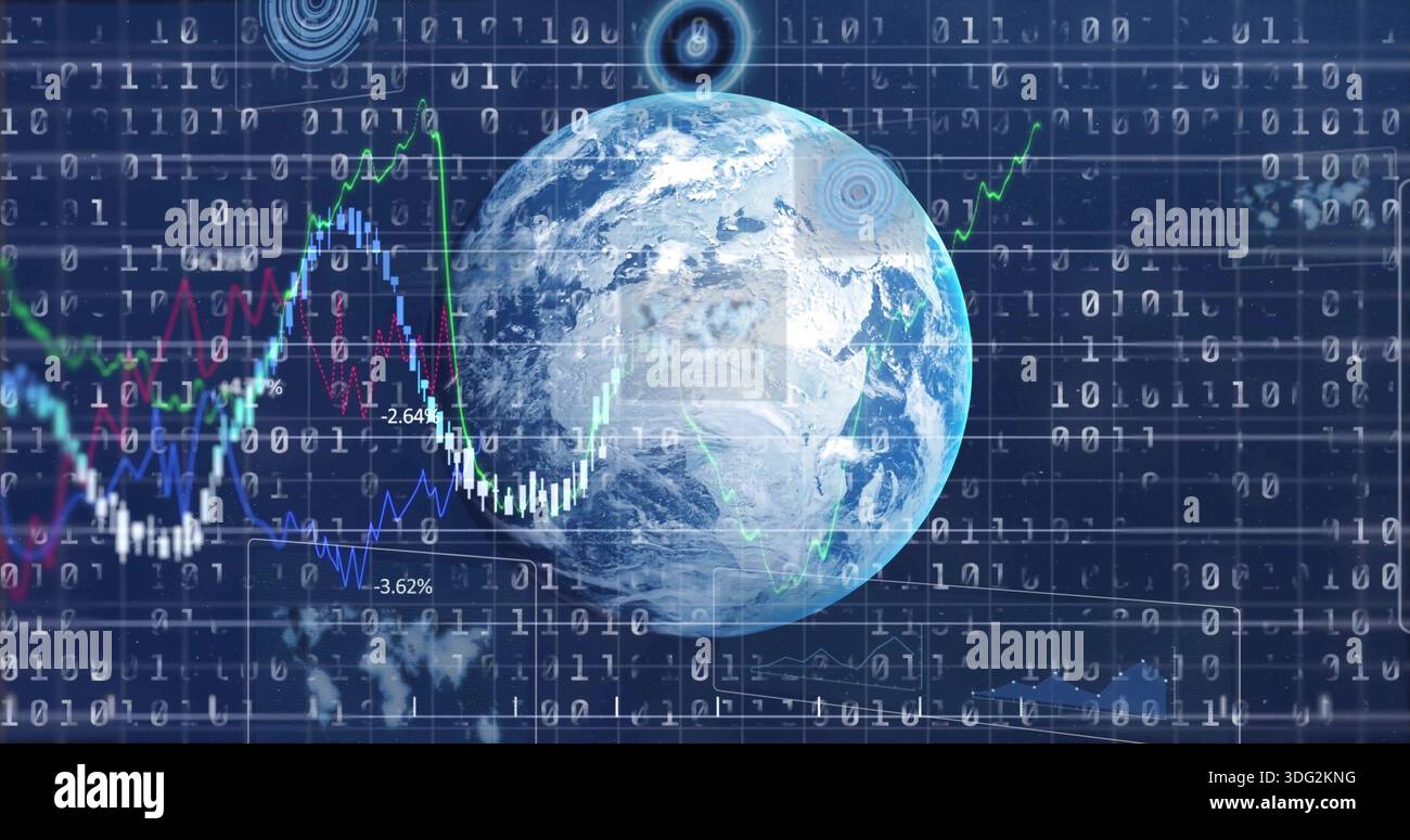 Rotating rendered Earth globe showing colored financial charts in virtual grid, with binary overlay Stock Photo