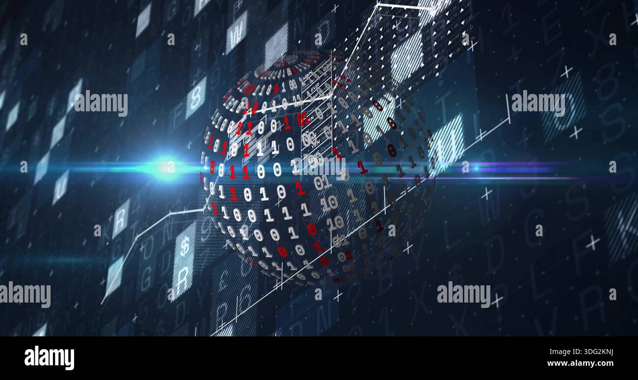 Rotating binary sphere of 0s and 1s, intersecting wireframe cube in data grid, blue streaks Stock Photo