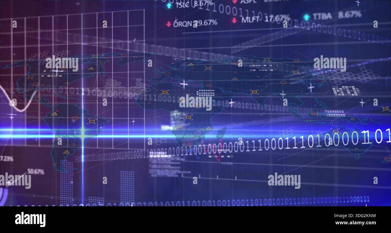 Displaying digital HUD highlighting blue beam and binary stream on virtual screen, with map nodes Stock Photo