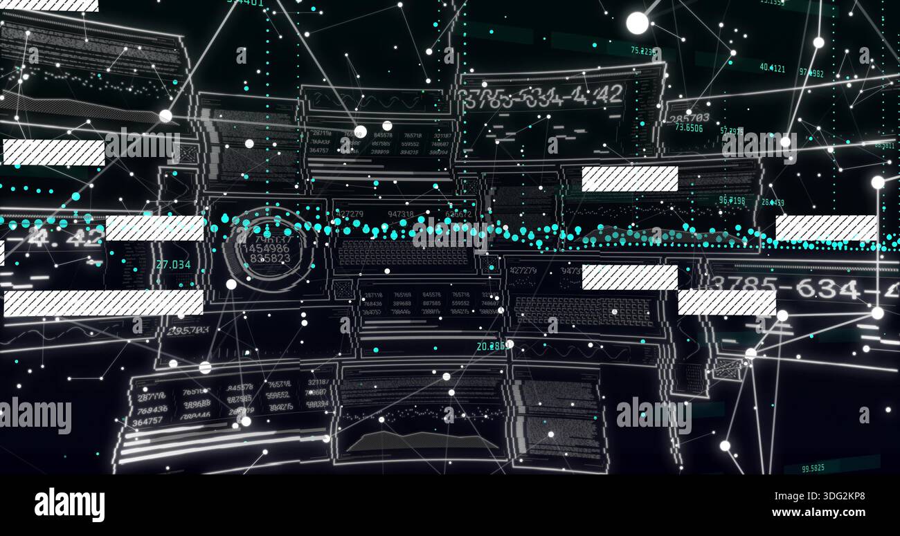 Floating central HUD panels connecting via dotted cyan data stream in dark virtual network Stock Photo