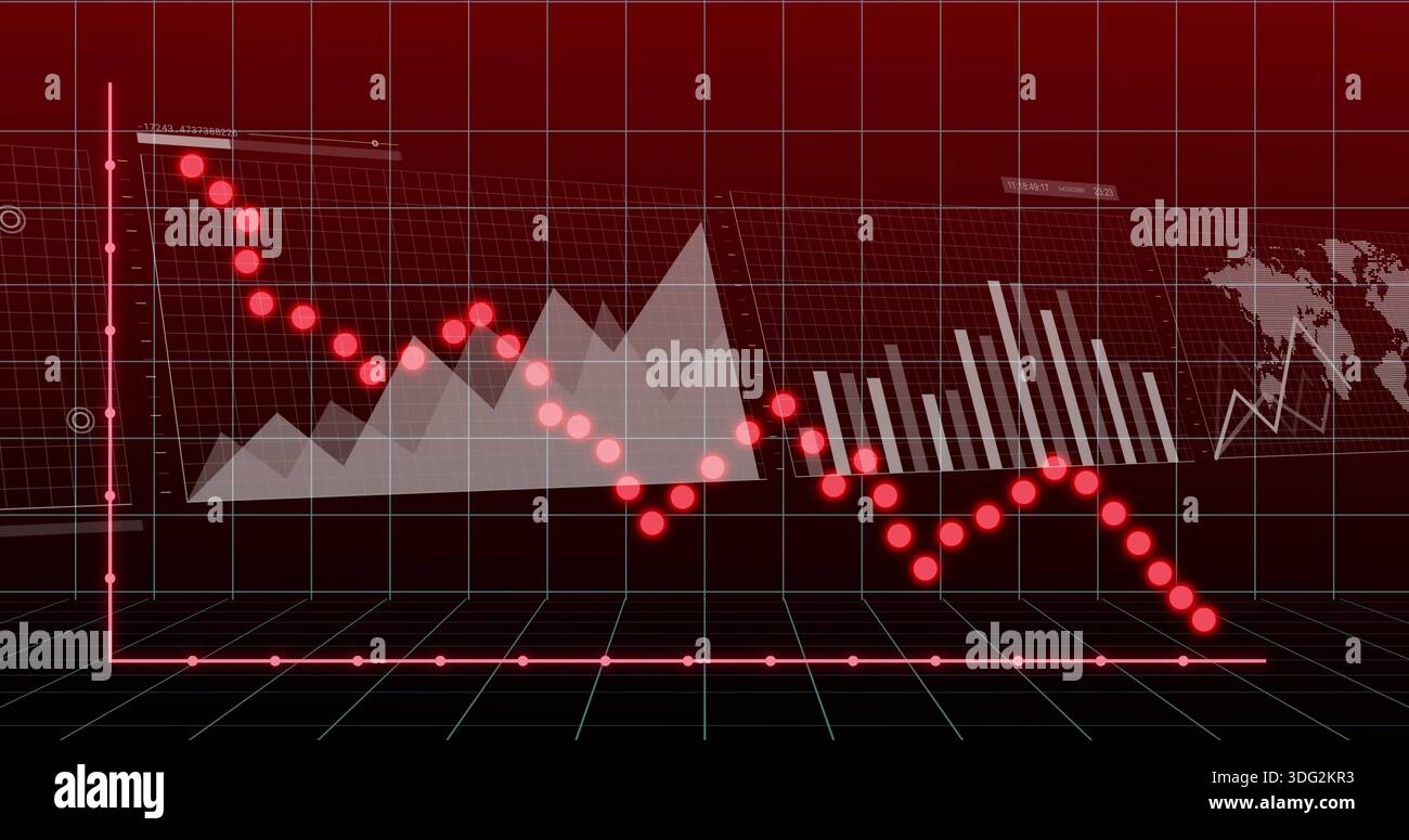 Displaying red dotted downward line with glowing points on 3D grid in virtual dashboard Stock Photo
