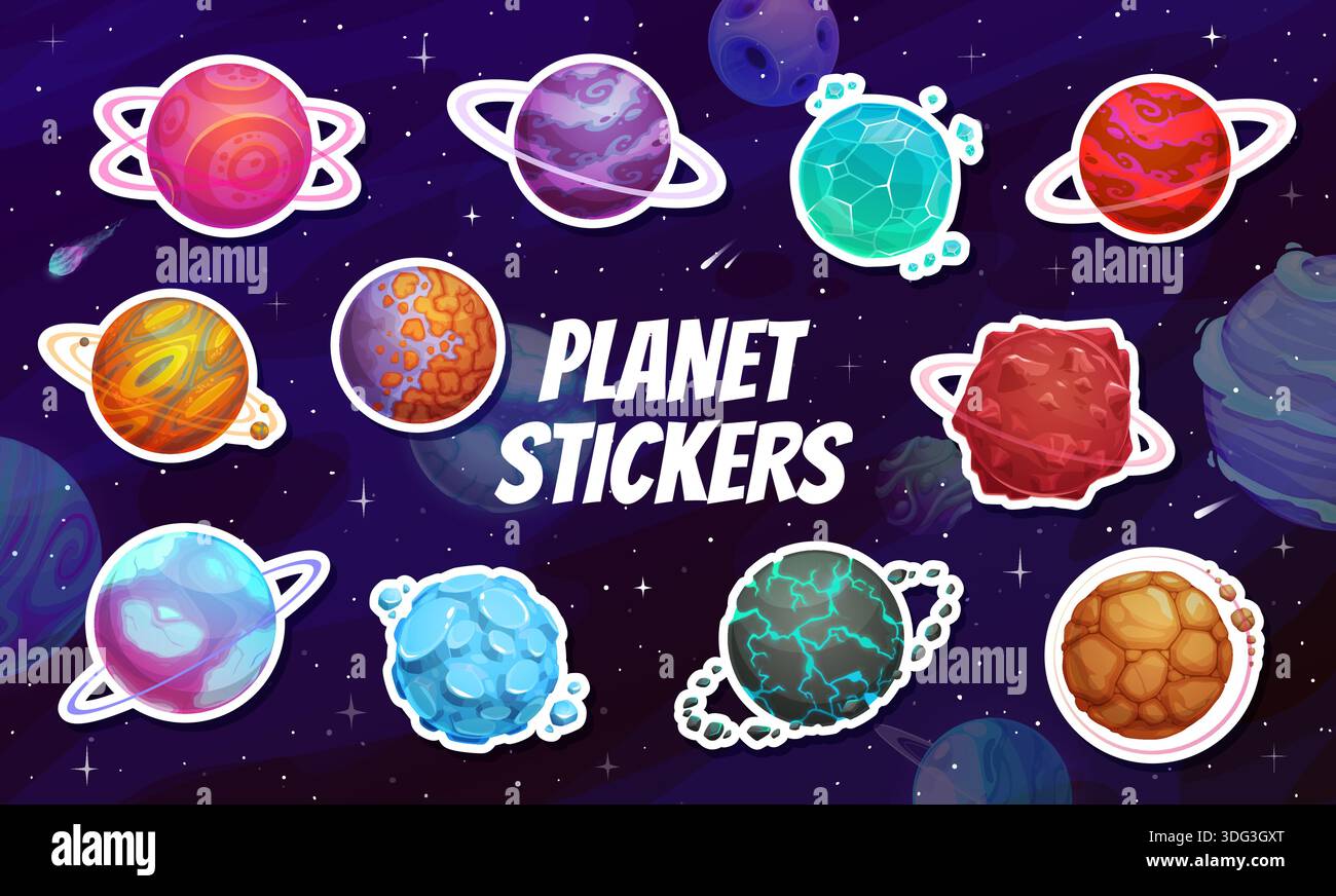 Cartoon alien planets stickers pack. Space alien planet cartoon vector ...