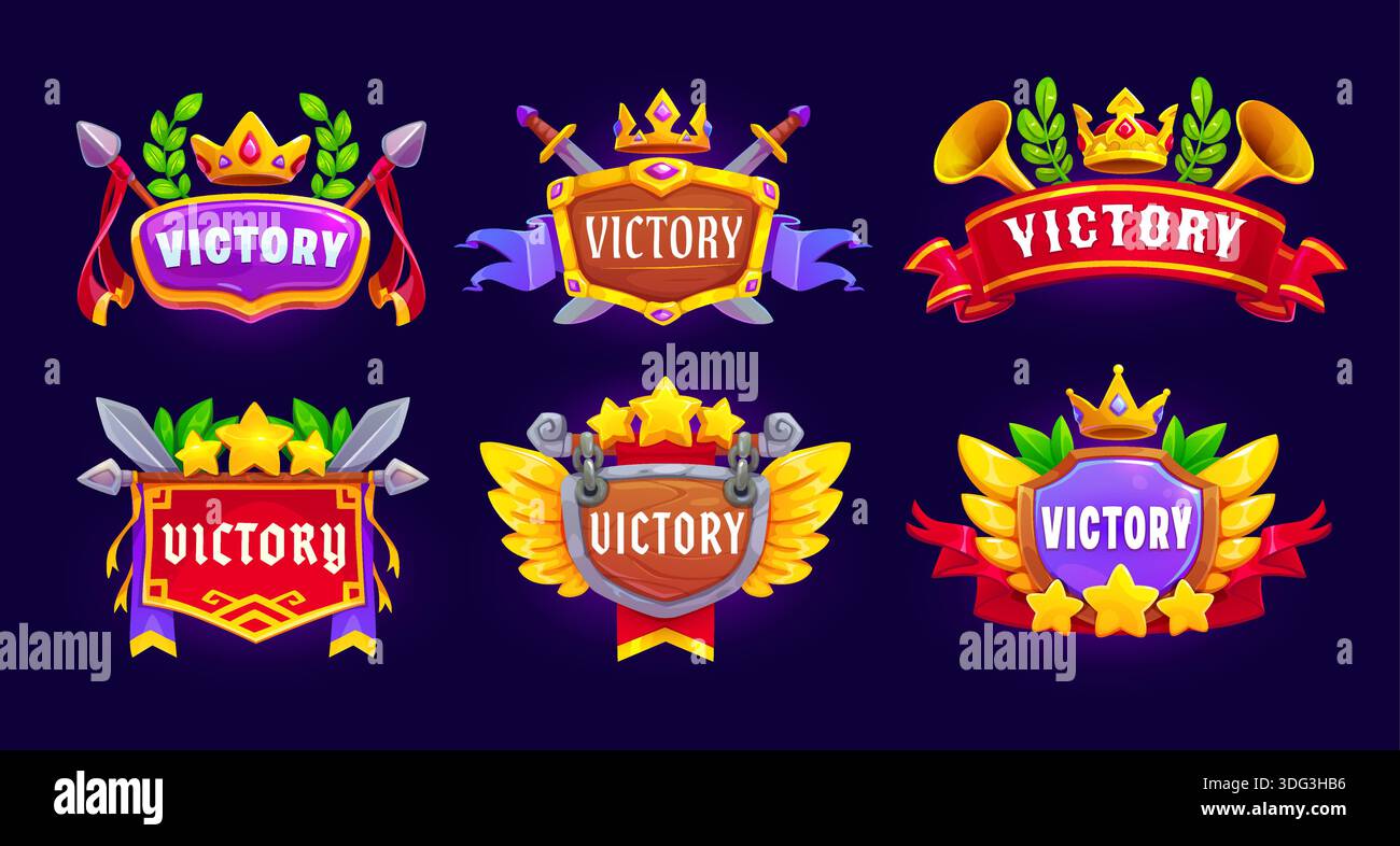 Victory award game icon badges asset. Game winner prize and trophy ...